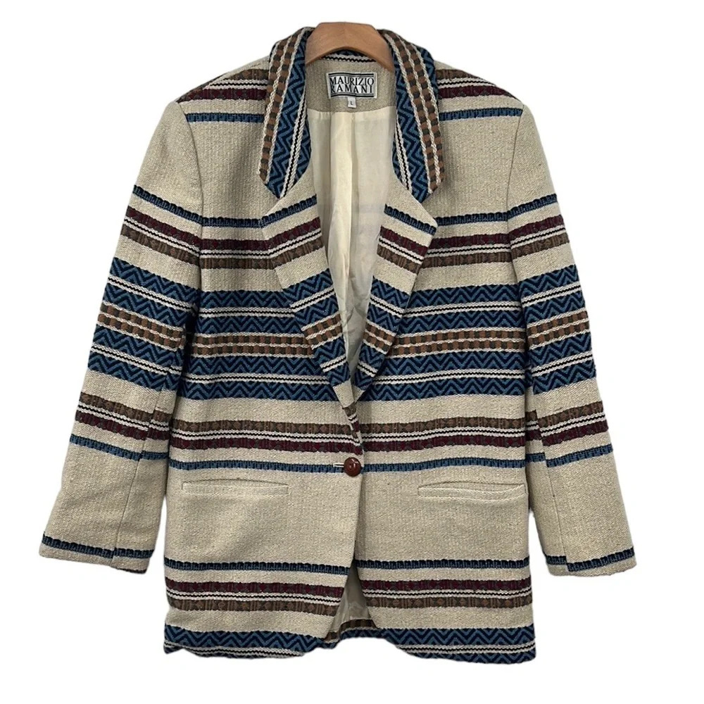 Maurizio Ramani Blazer Womens Large‎ Cream Blue  Striped Jacket Western Vintage
